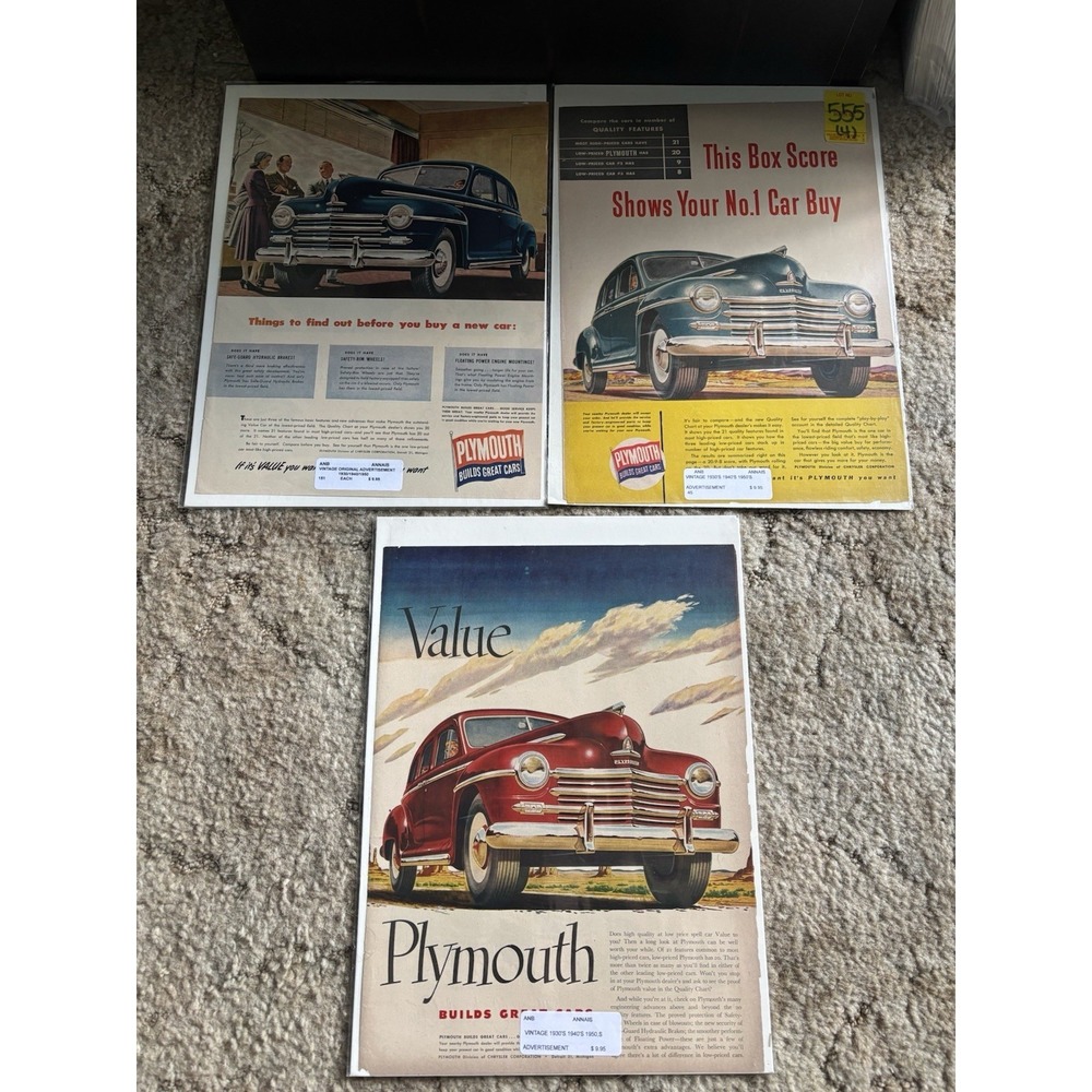 Vintage 1940s Plymouth Car Magazine Print Ad Lot 3 Chrysler Wall Art Decor